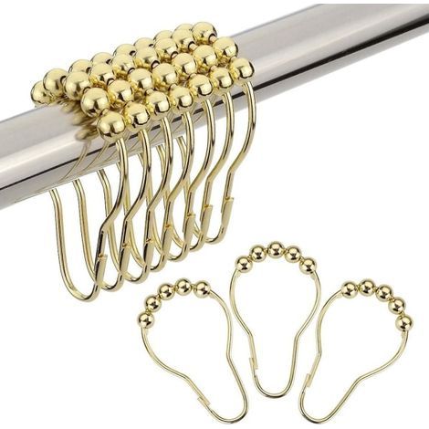 Lot de 12 crochets pour rideau de douche, en acier inoxydable doré, avec roulettes pour tringles à rideaux de salle de bain (1/4)