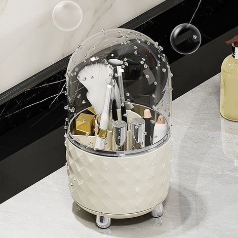 Große, drehbare Aufbewahrungsbox für Make-up-Pinsel, Bürokosmetik, Augenbrauenstift, Lidstrichpinsel, staubdichte Aufbewahrungsröhre mit Deckel, Stifthalter, milchig-weiß-silber. (1/4)