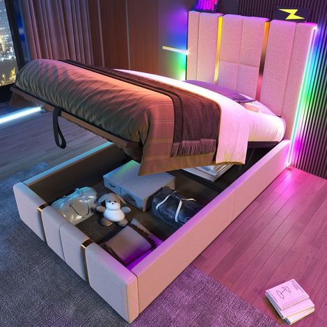 Polsterbett 90x200 cm mit Stauraum und RGB-LED-Beleuchtung, Einzelbett mit USB & Typ-C Ladefunktion, Bettgestell aus Leinenstoff, Beige (1/5)