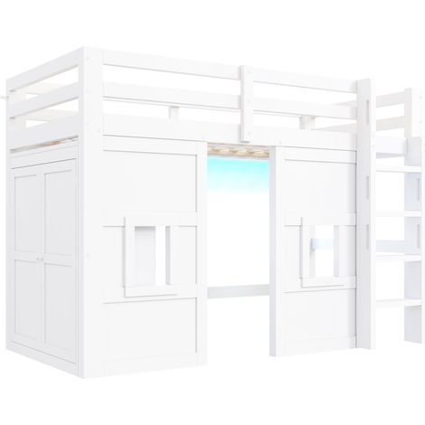 Lit mezzanine en bois 90 x 200 cm avec armoire intégrée, 2 fenêtres et éclairage LED, blanc