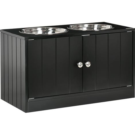Stazione rialzata per cani con 2 ciotole in acciaio inox, mobile contenitore nero in legno (1/5)