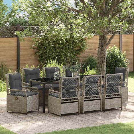 Garten Essgruppe 9 pcs Hellgrau Poly-Rattan