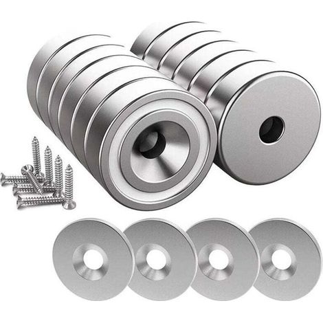 12 aimants néodyme 10KG 20x7mm - HAWUJ - Avec trou/capsule, fraisé, vis + coussins acier - Argent (1/4)