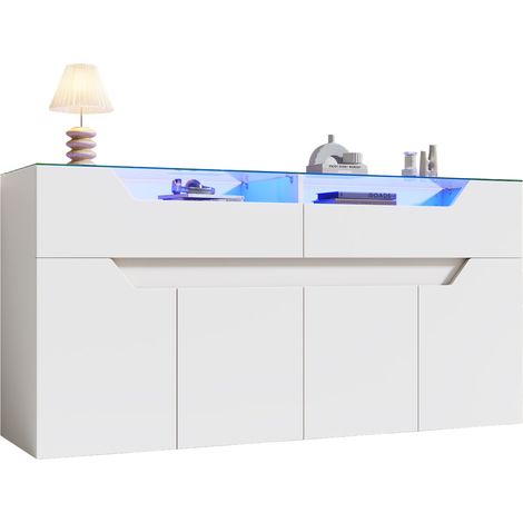 Buffet bas blanc avec plateau en verre trempé, 2 tiroirs, MDF, 140 x 40 x 70 cm, meuble de rangement pour salle à manger, salon et entrée  CHICFURN (1/5)