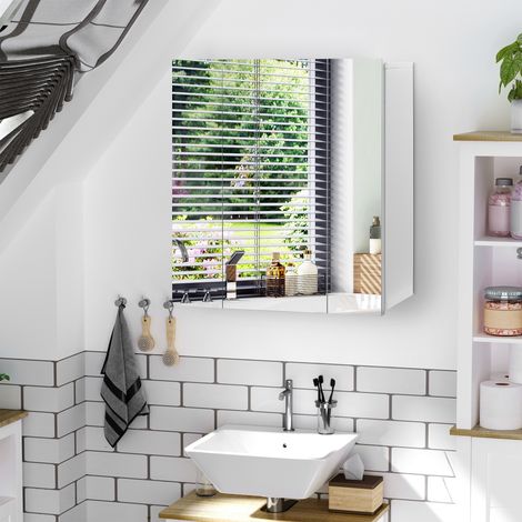 Badezimmerschrank mit Spiegel, wandmontiert, mit 3 Türen und verstellbaren Einlegeböden, 70 x 15 x 60 cm, Weiß