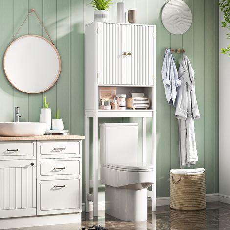 Toilet cabinet with doors, adjustable shelf, and lower bar. Space-saving toilet shelf, white. (1/5)