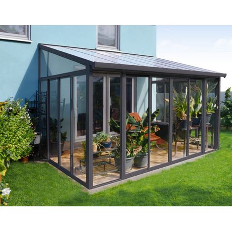 Chalet & Jardin – Pergola fermée 11.8m² en aluminium gris anthracite – Panneaux acryliques 3mm – 3 portes coulissantes – 703708