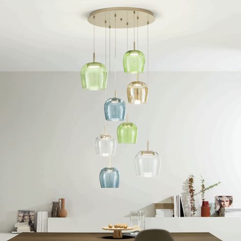 Lampada a sospensione 60 cm NINA 8 Luci LED in metallo Oro e vetri Colorati (1/5)