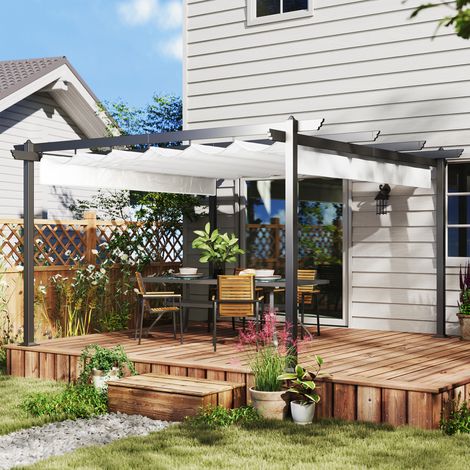 Pergola 4x4 m avec toile rétractable. 8 vis et 8 piquets en aluminium. Polyester et métal. Blanc.