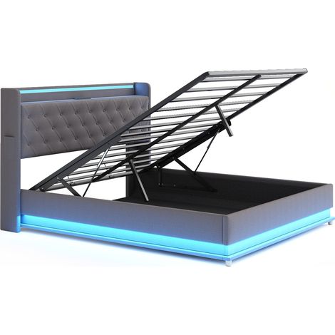 Cama tapizada LED 140 x 200 cm con puerto USB y almacenaje hidráulico, tejido gris (1/5)