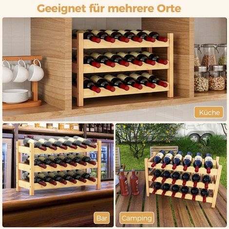 Botellero de 3 niveles soporte para vino de bambu para 18 botellas 62 x 24 x 38 cm natural
