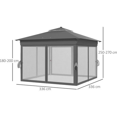 Pavillon pliant d'environ 3 x 3 m, avec éclairage LED, 4 rideaux voilages, panneau latéral, sac à eau, double toit et sac de transport, gris foncé. (1/5)
