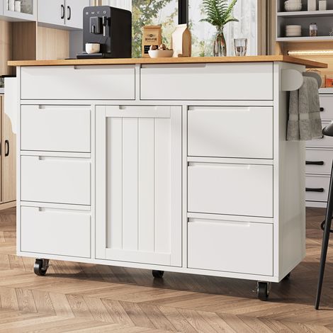 Îlot de cuisine moderne,meuble de cuisine,chariot extensible sur roulettes avec plan de travail,desserte avec étagère à épices et 8 tiroirs,blanc (1/5)