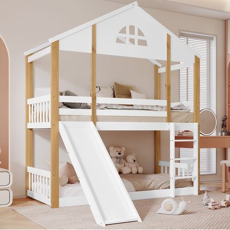 Lit superposé cabane en bois massif et MDF blanc/naturel 90x200 cm avec fenêtre, escalier d’angle et toboggan (1/5)