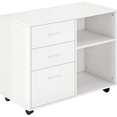 Meuble pour imprimante blanc 3 tiroirs et étagères sur roulettes, 80x40x65 cm, bureau fonctionnel et moderne (1/5)