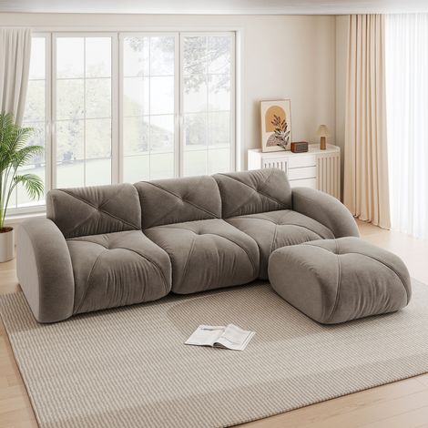 Divano modulare 3 posti in chenille marrone con pouf, configurazione flessibile (1/5)