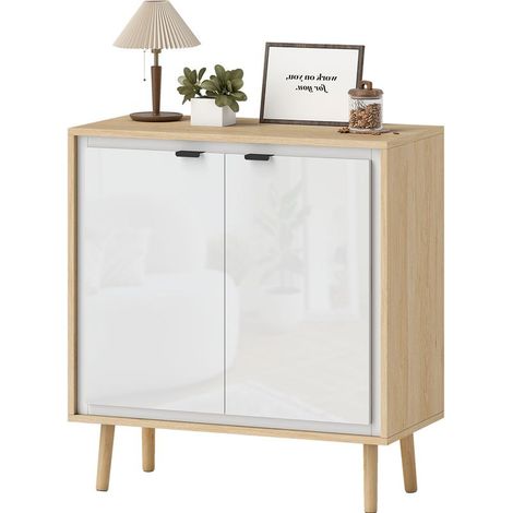 Buffet à haute brillance, meuble de rangement avec double porte, étagère réglable, 72 x 35 x 77 cm, blanc et chêne (1/5)