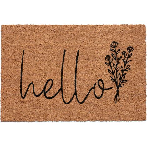 Paillasson Coco, « Hello », 60x40 cm, Motif Floral, entrée, intérieur extérieur, antidérapant, Nature/Noir (1/5)