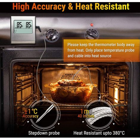Termometro digitale ThermoPro TP-16 con ampio display LCD per cottura di alimenti, carne, affumicatore, forno, barbecue, grill e orologio con sonda in acciaio inossidabile. (1/3)