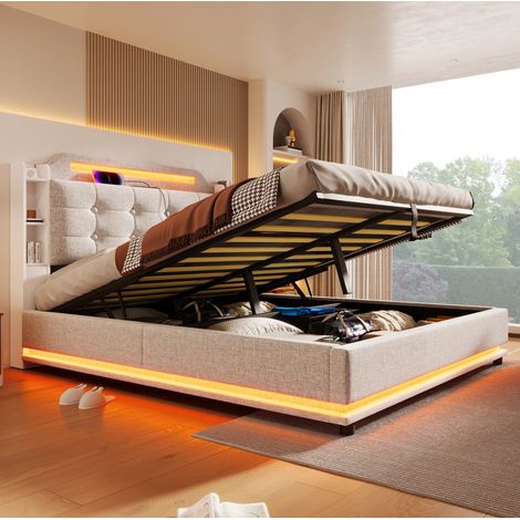 lit coffre 140x200 LED USB en lin beige double OKMYHOME (1/5)