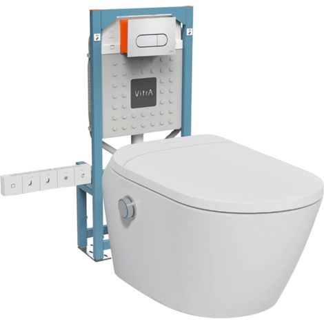 Pack WC lavant suspendu sans bride avec abattant et attentes électriques VitrA V-Care Ultra blanc + bâti autoportant V-Fix Easy + plaque chromé (1/4)