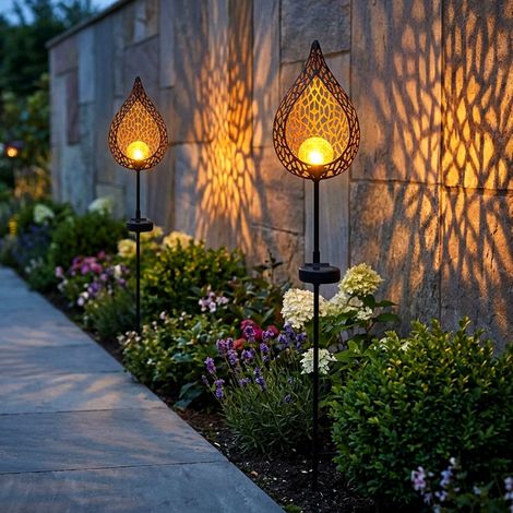 Solarleuchte Flamme Garten Solarstab für Außen Solar Garten Deko für Außen, mit Erdspieß und Lichteffekt, Crackle Glas, 10x LED warmweiß, H 90 cm, 2er Set (1/5)