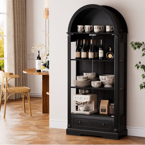 Vitrina de 180 cm con puertas de vidrio, LED y cajón, estilo rústico moderno, negro DESVIAE (1/5)