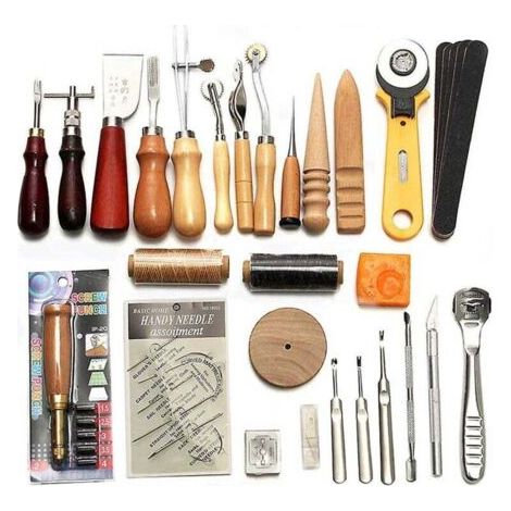QORVA-Kit d'outils de maroquinerie 37 pièces pour couture à la main, poinçon, sculpture, rainureuse de selle (1/4)