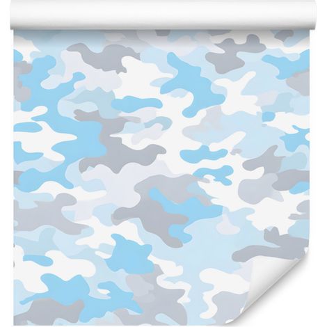 Papier peint camouflage militaire bleu azur et blanc pour salon et chambre 50x1000 cm (1/5)