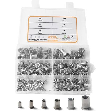 220 écrous à sertir à tête plate en acier inoxydable, insert fileté, tailles M3, M4, M5, M6, M8 et M10. Accessoire de réparation et de fixation. (1/5)