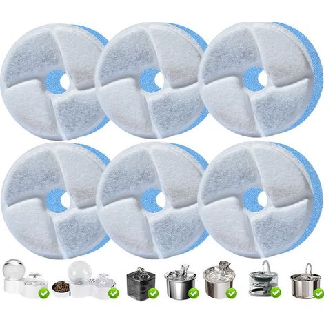 Lot de 6 filtres ronds de rechange pour fontaine à eau pour chats et chiens, filtres au charbon actif pour filtration de l’eau, accessoires de fontaine (1/5)