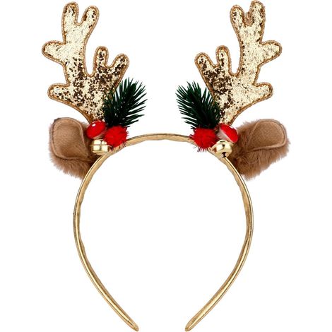 Serre-Tête de Noël en Bois de Renne, Doré Serre-Tête en Bois de Cerf avec Clochettes Paillettes Serre-Tête en Oreilles de Bois de Cerf Costume de Noël pour Femmes Filles (1/5)