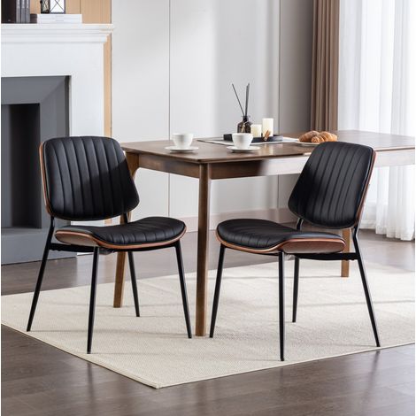 Silla de comedor estilo mid-century, respaldo curvado, cuero PU, negro (1/5)