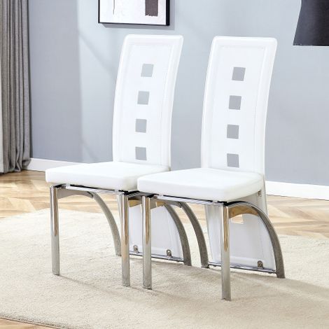 [Set di 2] Sedie da pranzo di design europeo con motivo traforato, in similpelle bianca + gambe in metallo argentato, altezza 102,5 cm, ideali per sala da pranzo o soggiorno moderni.