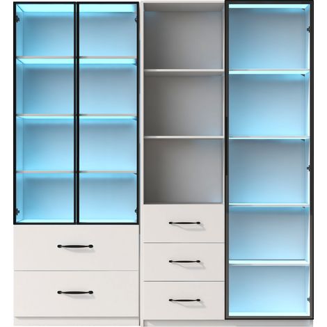 Vetrina LED modulare 140x40x160 cm con ante in vetro, ripiani aperti e cassetti, bianco (1/5)