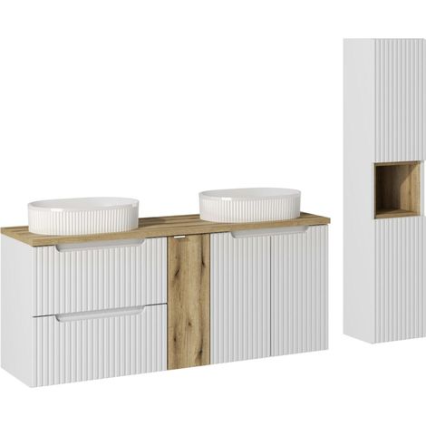 Ensemble meuble salle de bain suspendu 170cm NOVA – Double vasque ovale blanche, colonne et rangements-Blanc/Naturel (1/5)