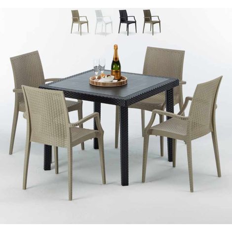Grand Soleil – Ensemble table carrée noire 90x90cm avec 4 chaises Arm Bistrot – Résistant aux intempéries – Design Made in Italy – Pour usage public