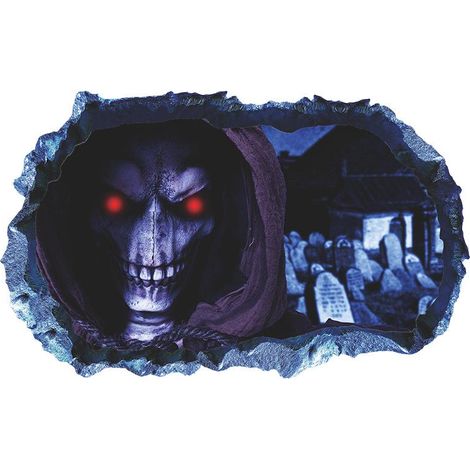 Décor mural autocollant crâne aux yeux rouges pour cimetière brisé, stickers d’entrée chambre Halloween, déco maison murale, lot de 2, noir et rouge, effet effrayant (1/5)
