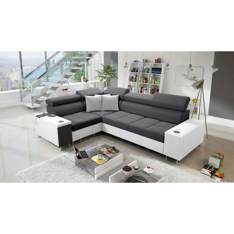 Elegantes Ecksofa mit Konsole und Ladegerät MORENA II Kunstleder/Sawana Weiß/Graphit Links (1/5)