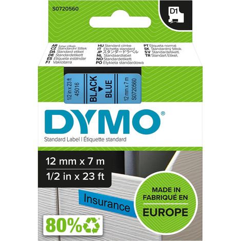 Dymo D1 Etichette Autoadesive per Stampanti LabelManager, Rotolo da 12 mm x 7 m, Stampa Nero su Blu, 1 Pezzo S0720560 (1/4)