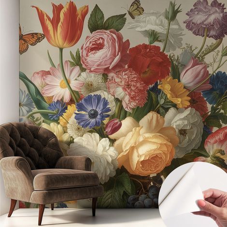 Selbstklebend Tapete - Wandgestaltung - Tapete Wohnzimmer - Flur Eingangsbereich Blumen und Schmetterlinge 250x250 cm