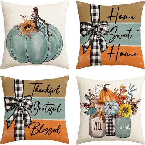 Fundas de almohada con estampado de calabazas otoñales, 45 x 45 cm, estampado floral otoñal, ideales para el dormitorio o el sofá, juego de 4 (1/5)