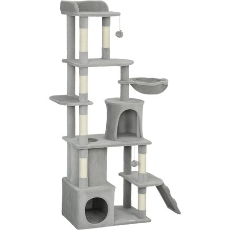 Arbre à chat tour de jeux 60 x 40 x 170 cm base large hamac inclus griffoirs sisal moderne scandinave en bois gris clair (1/5)