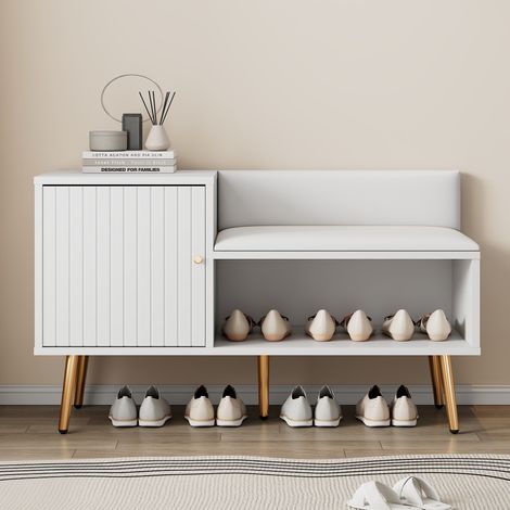 Mobile porta scarpe - con vano portaoggetti, seduta imbottita - Mobile con maniglie e piedini in metallo dorato (100x40x58 cm) - Bianco