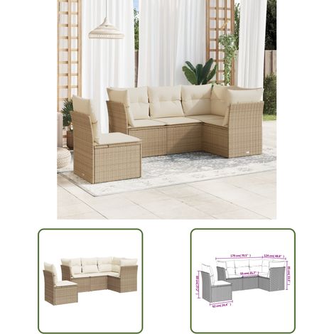 The Living Store 5-tlg. Garten-Sofagarnitur mit Kissen Beige Poly Rattan - Gartensorte - Gartenmöbelset - Lounge Möbel - Outdoor Sofa - Rattan Gartenmöbel