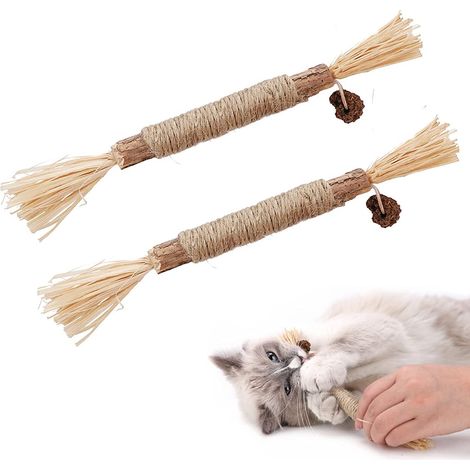 Lot de 2 jouets pour chaton en bois naturel, bâtonnets à mâcher pour nettoyage dentaire félin.