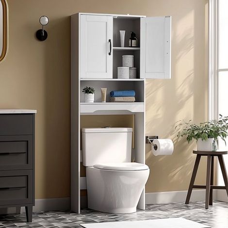 Armario de Almacenamiento para Inodoro con Puerta Doble y Estante Ajustable, Organizador para Ahorrar Espacio sobre el Inodoro con Estante Abierto, Carga 30 kg, Blanco, 600 x 210 x 1651 mm (1/5)