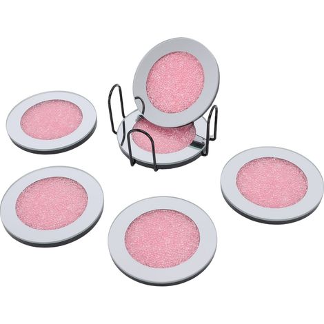 Lot de 6 dessous de verre ronds en verre miroir avec support, pour table basse, cuisine, bar et décoration intérieure (rose). (1/5)
