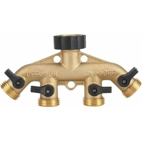 Connecteur de tuyau d'arrosage à 3/4 fils en laiton robuste à 4 voies Adaptateur séparateur col de cygne Connecteur de vanne d'arrêt de tuyau d'arrosage pour pelouse jardin (1/5)