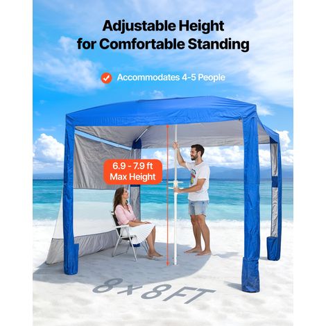 Tonnelle de Plage 2,4 x 2,4 m, Abri de Plage avec Parois Latérales et Poches à Sable, Tente Portable pour Camping Extérieur, Protection UPF 50+, Hauteur Réglable, Espace Ombragé Spacieux, Bleu (1/5)